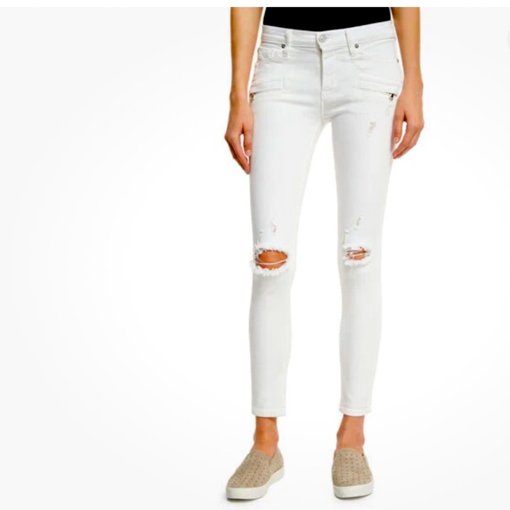 Hudson Roe Mid-Rise Super Skinny Ankle Jeans Ripped Knee Stretch Ivory